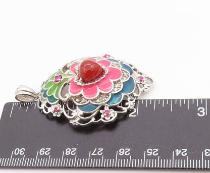 925 Sterling Silver Vintage Pendant CZ & Enameled Floral Gemstone Heart  PT24362