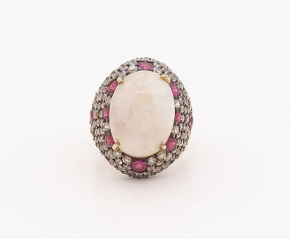 925 Sterling Silver Vintage Ring Gold Plated Cabochon Gemstones  Sz 6.5  RG29346