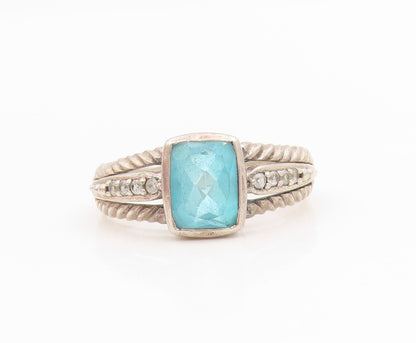 925 Sterling Silver Vintage Ring Real Diamonds & Blue Topaz Band  Sz 11  RG34378
