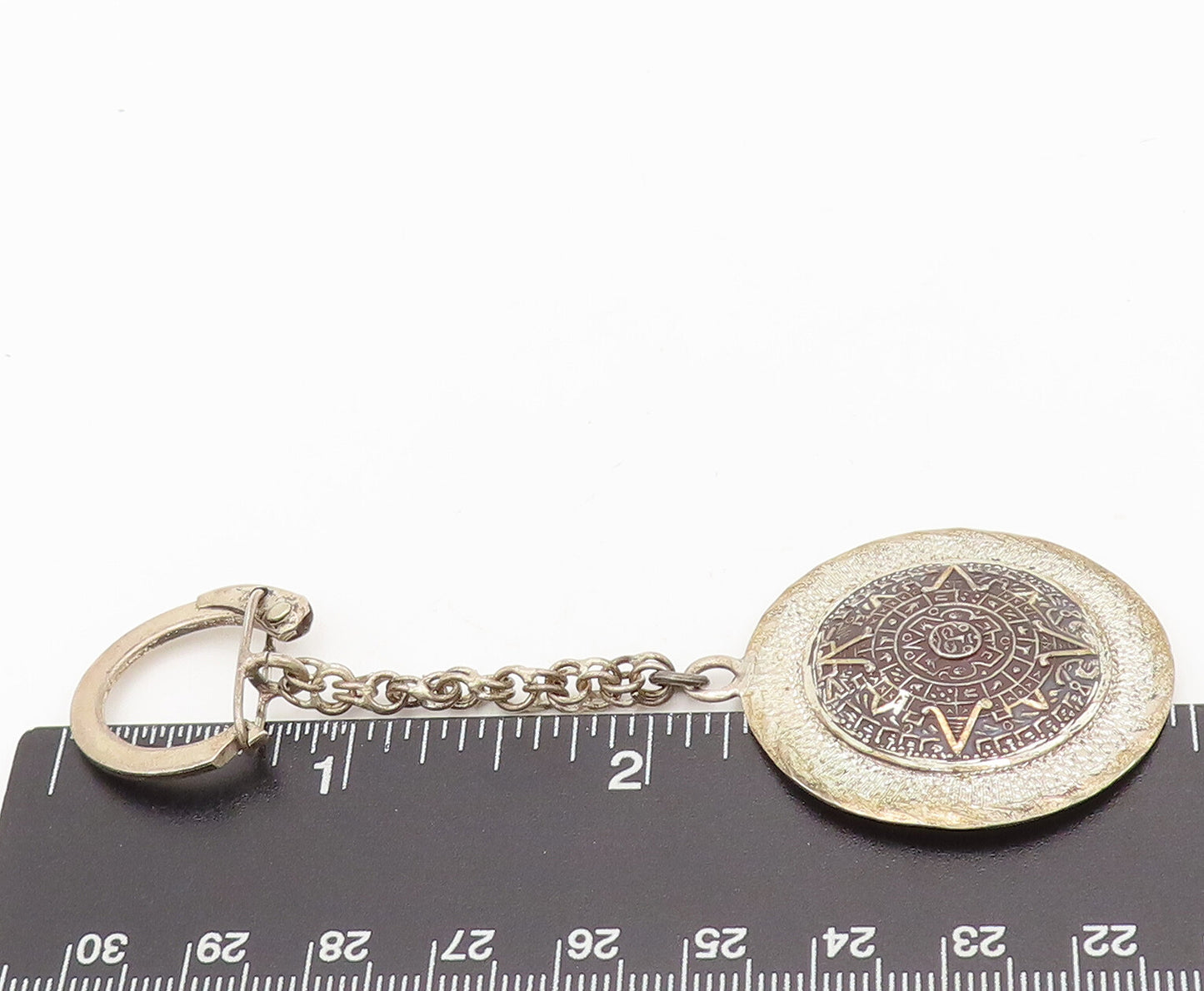 MEXICO 925 Silver  Vintage Aztec Round Carved Sun Calendar Keychain  TR3664