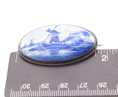 925 Sterling Silver Vintage Brooch Pin HOLLAND Minimalist Oval Landscape BP10696