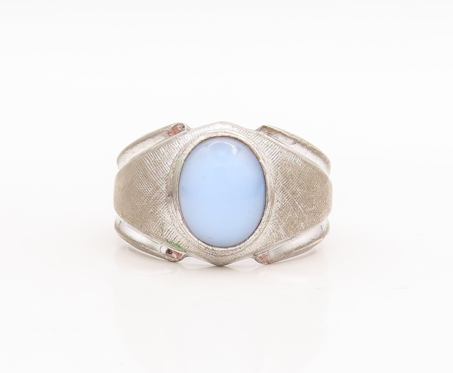 925 Sterling Silver Vintage Ring Minimalist Oval Inlay Blue Cat Eye Sz 8 RG28978