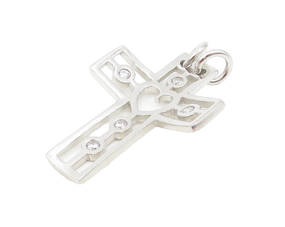 925 Sterling Silver  Cubic Zirconia Love Heart Religious Cross Pendant  PT7623