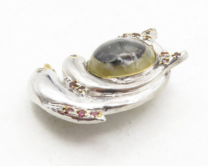 925 Sterling Silver  Vintage Quartz & Red Topaz Dolphins Brooch Pin  BP4904