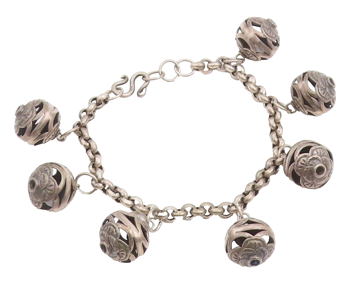 925 Sterling Silver Vintage Bracelet Carved Floral Roses Beaded Chain  BT11430