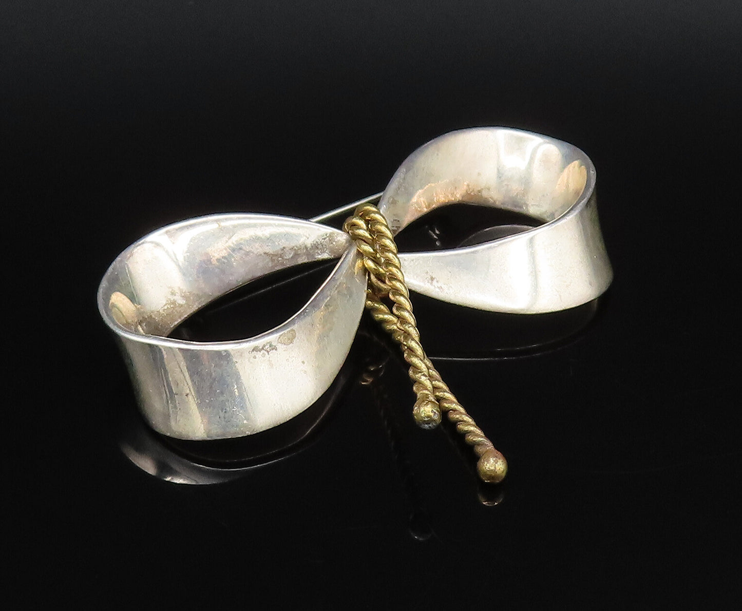 MEXICO 925 Sterling Silver Vintage Two Tone Ribbon Bow Tie Brooch Pin BP10040