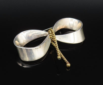 MEXICO 925 Sterling Silver Vintage Two Tone Ribbon Bow Tie Brooch Pin BP10040