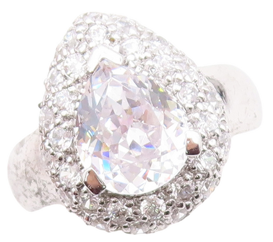925 Sterling Silver Vintage Ring Drop Cut Halo Round CZ  Sz 7  RG30497