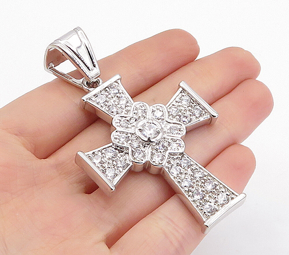 925 Sterling Silver  Sparkling Cubic Zirconia Religious Cross Pendant  PT3461