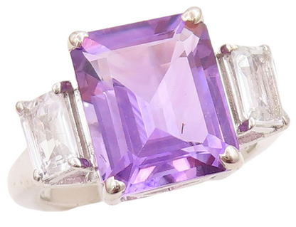 925 Sterling Silver Vintage Ring Rectangle Cut Amethyst & CZ  Sz 7  RG30555
