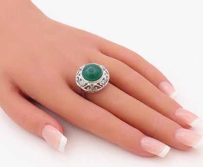 925 Sterling Silver Vintage Ring Swirly Cutout Round Green Onyx  Sz 7.5 RG30213
