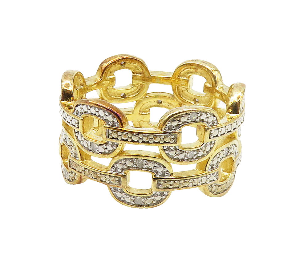 925 Silver  Genuine Diamonds Gold Plated Chain Link Band Ring Sz 9  RG15530