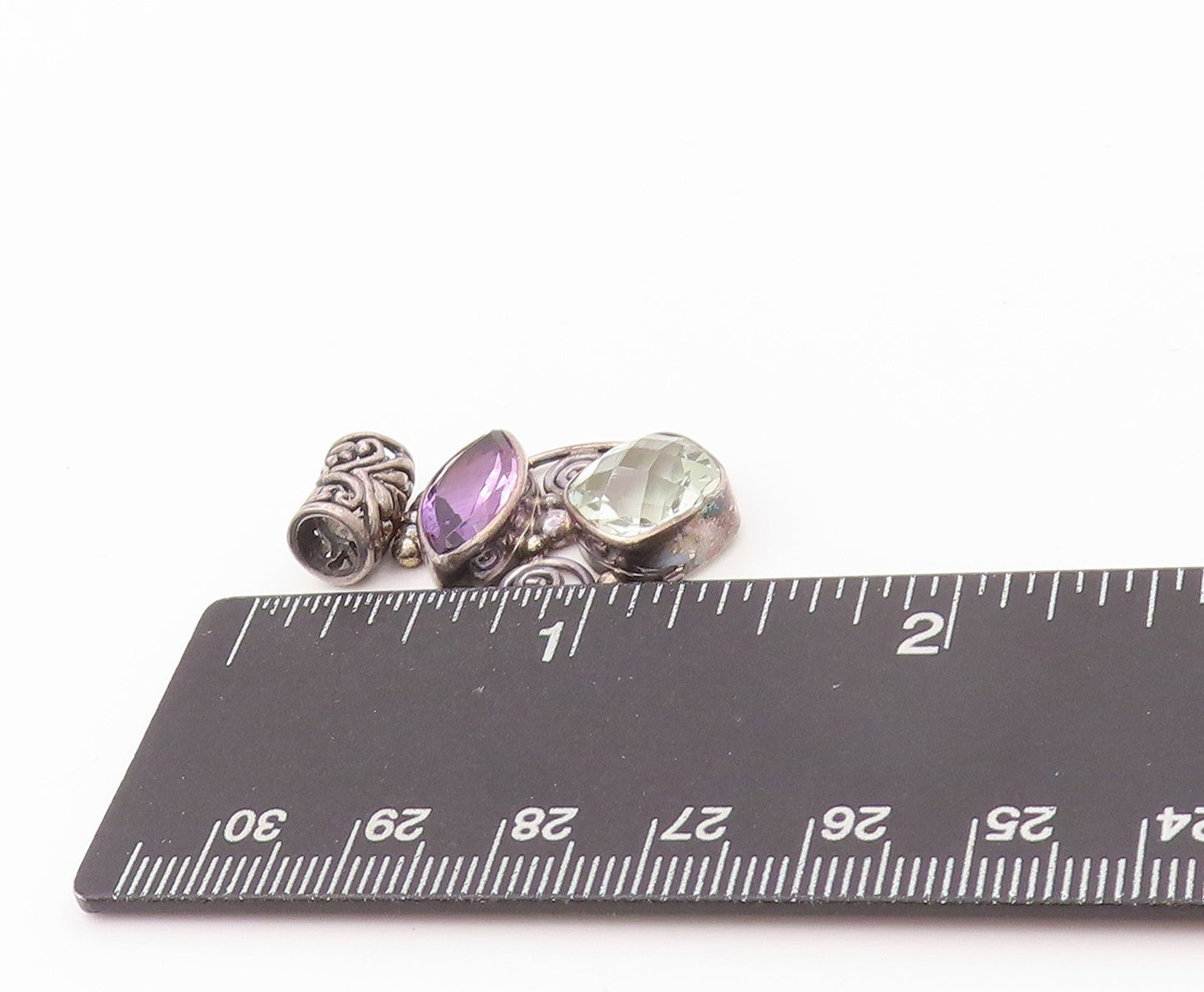 925 Sterling Silver Vintage Pendant Dark Tone Cutout Amethyst & Topaz  PT24003
