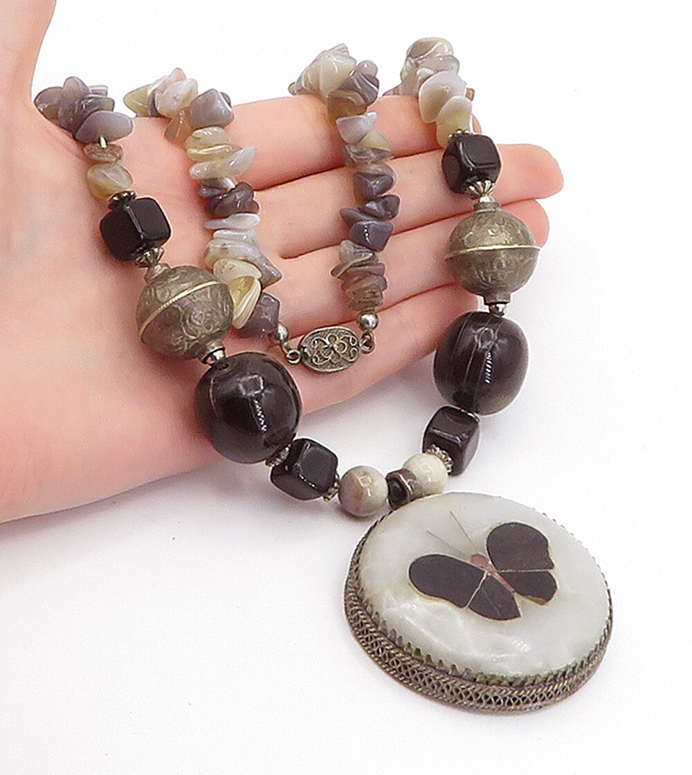 Solid Silver Vintage Multi Gemstone Butterfly Beaded Necklace NE1003