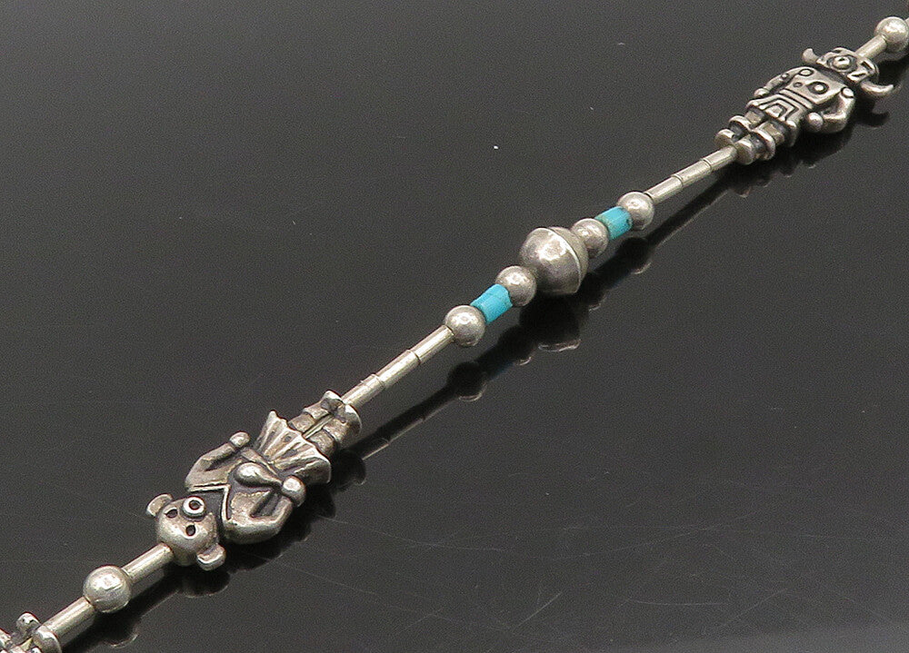 SOUTHWESTERN 925 Silver Vintage Turquoise Bull & Bear Chain Necklace NE3691