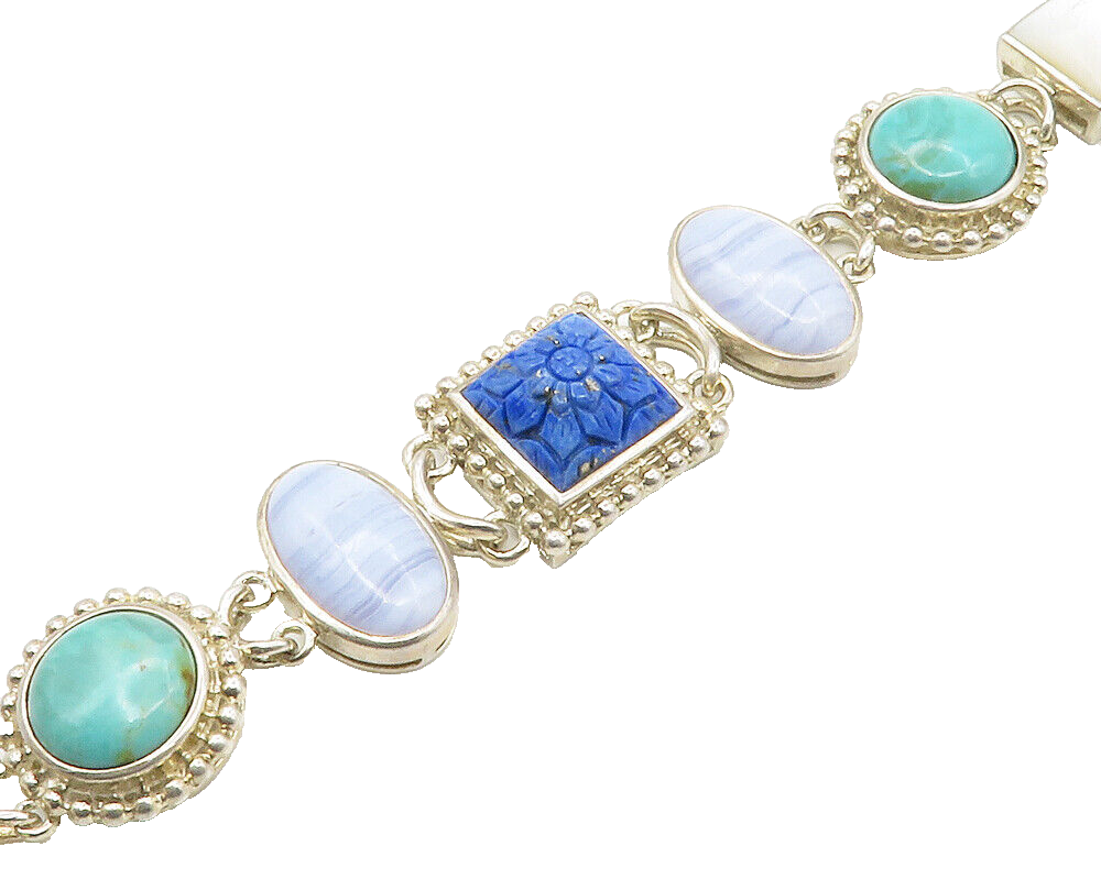 WHITNEY KELLY 925 Silver Vintage Agate & Multi Stone Chain Bracelet BT6732