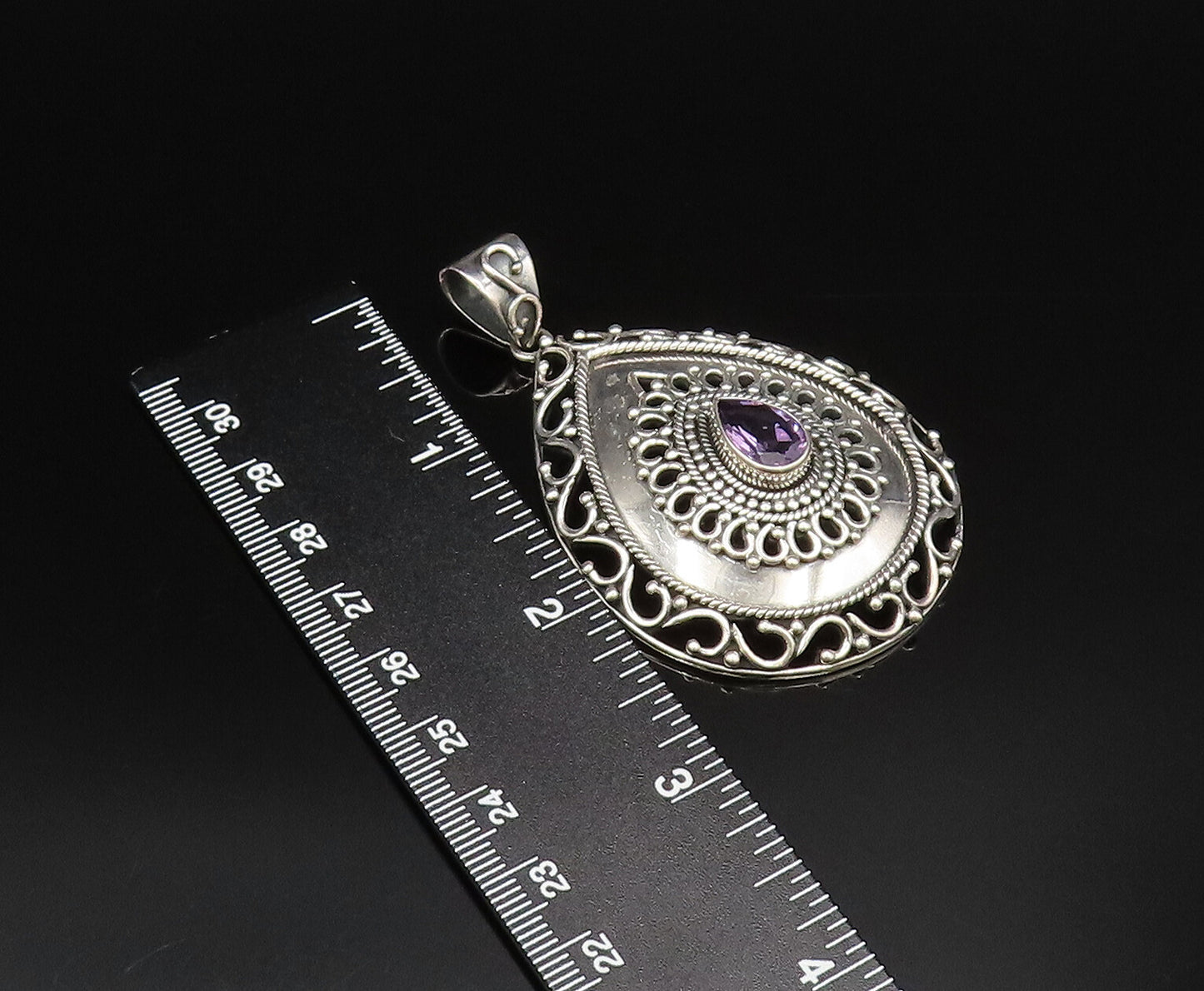 925 Sterling Silver  Vintage Openwork Pear Shaped Amethyst Pendant  PT21715