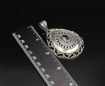 925 Sterling Silver  Vintage Openwork Pear Shaped Amethyst Pendant  PT21715