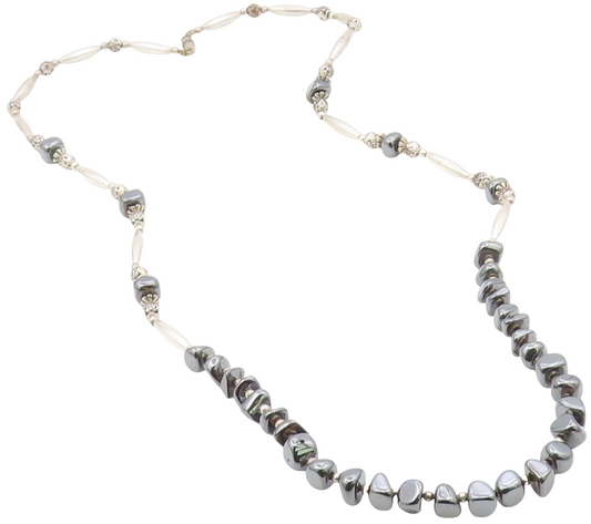 925 Sterling Silver  Vintage Engraved Ball Hematite Layered Necklace  NE3879