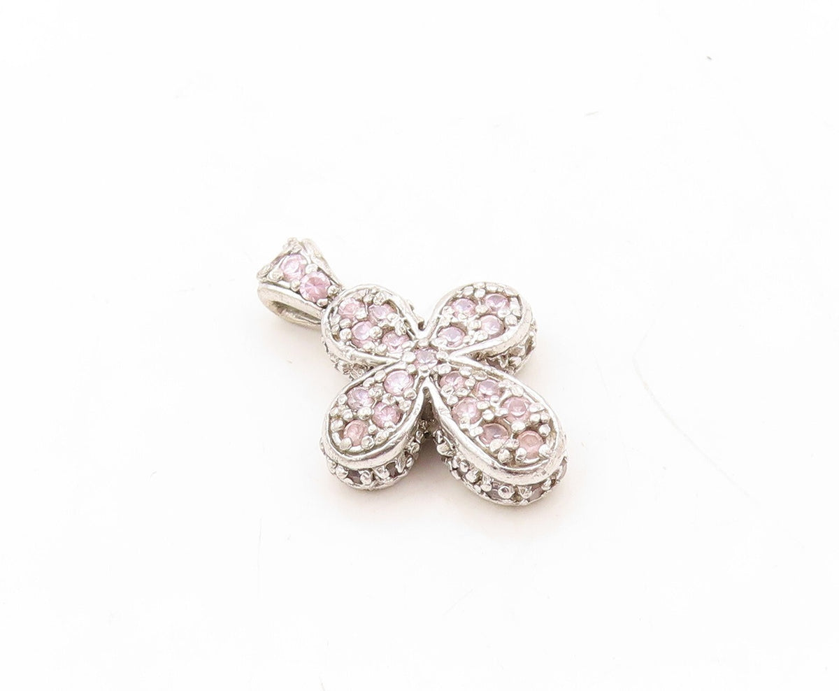 925 Sterling Silver Vintage Pendant 4 Petal 2 Tone Topaz Inlay Flower  PT23598