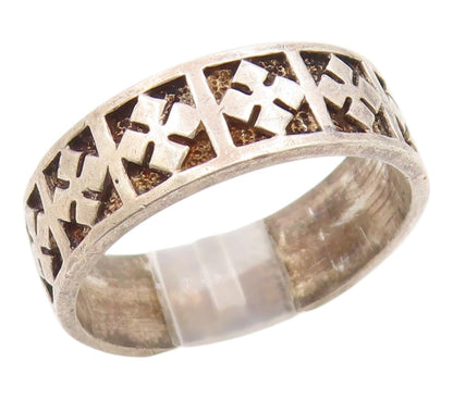 925 Sterling Silver Vintage Ring Carved Geometric Cross Pattern  Sz 8  RG36097