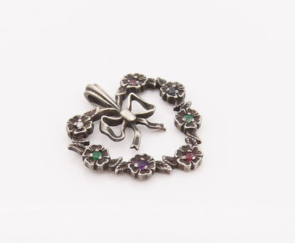 925 Sterling Silver  Vintage Flower Band Heart With bow Topaz Pendant  PT22154