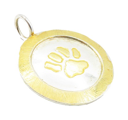 925 Sterling Silver  Vintage Shiny Two Tone Paw Print Drop Pendant  PT6418