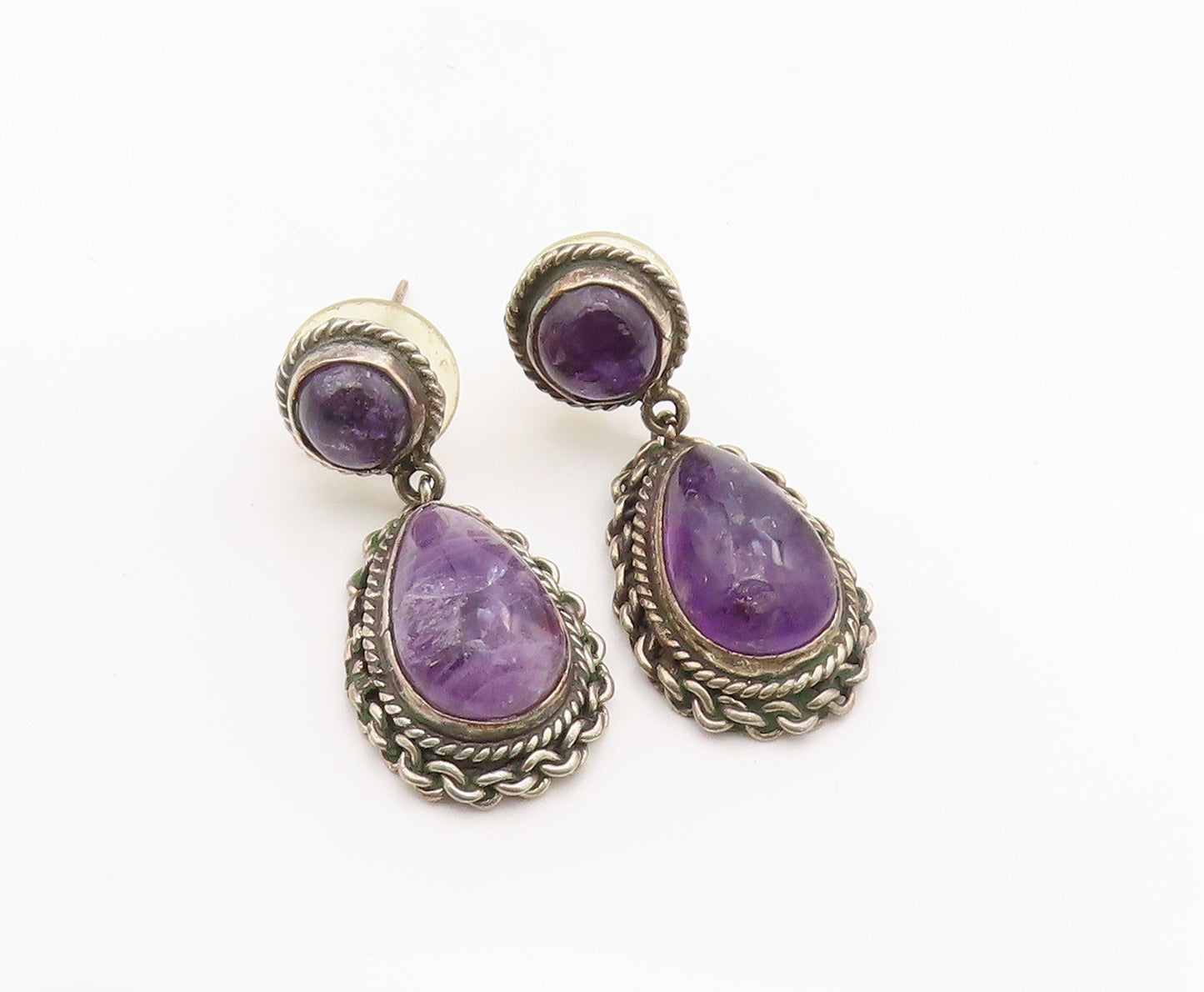 925 Sterling Silver Vintage Earrings Real Cabochon Amethyst Teardrop  EG13839