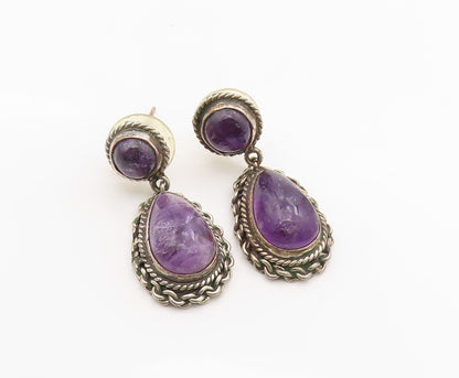 925 Sterling Silver Vintage Earrings Real Cabochon Amethyst Teardrop  EG13839