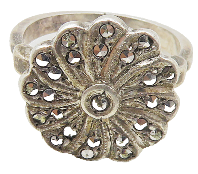 925 Sterling Silver  Vintage Sparkling Flower Motif Band Ring Sz 5.5  RG16917