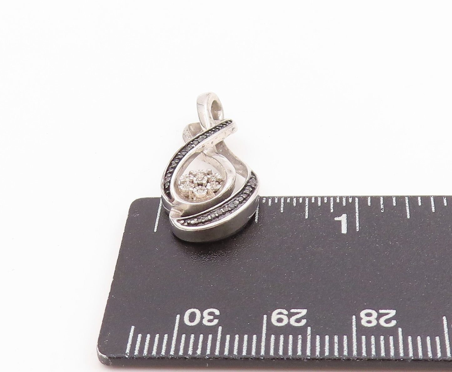 925 Sterling Silver Vintage Pendant Black White Diamonds Infinity Flower PT24504