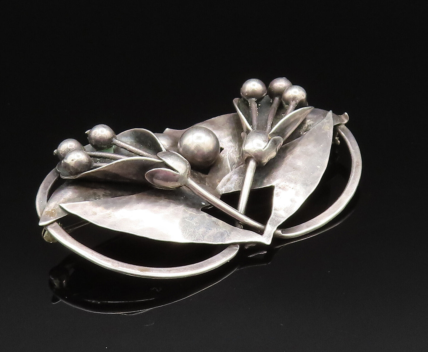 925 Sterling Silver  Vintage Antique Hammered Double Flower Brooch Pin  BP9624