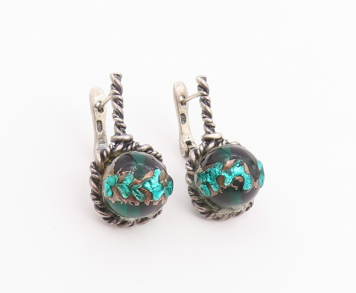 925 Sterling Silver Vintage Earrings Green Gemstone Twisted Rope Drop  EG14213