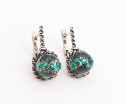 925 Sterling Silver Vintage Earrings Green Gemstone Twisted Rope Drop  EG14213