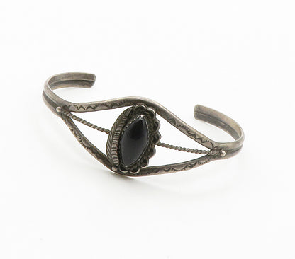 NAVAJO 925 Sterling Silver  Vintage Black Onyx Floral Cuff Bracelet  BT6000