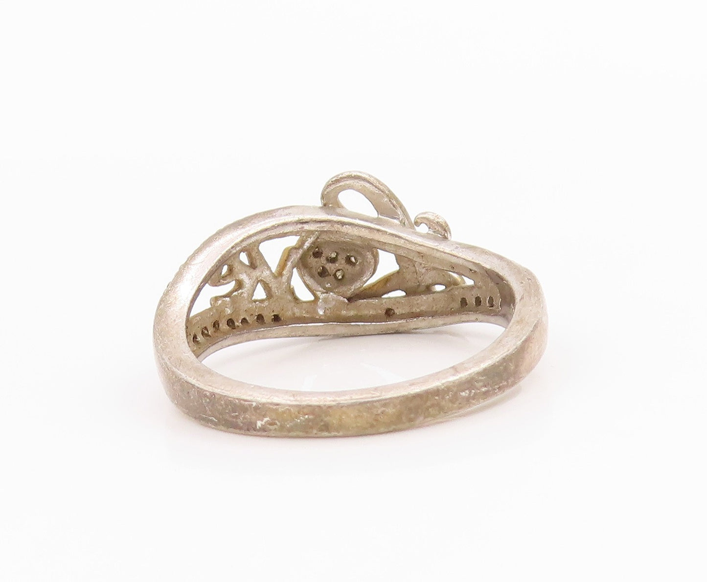 925 Sterling Silver Vintage Ring Diamonds Inlay Love Heart Cut  Sz 8  RG33232