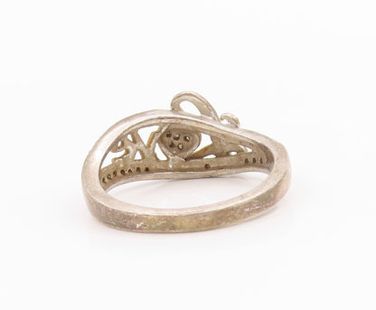 925 Sterling Silver Vintage Ring Diamonds Inlay Love Heart Cut  Sz 8  RG33232