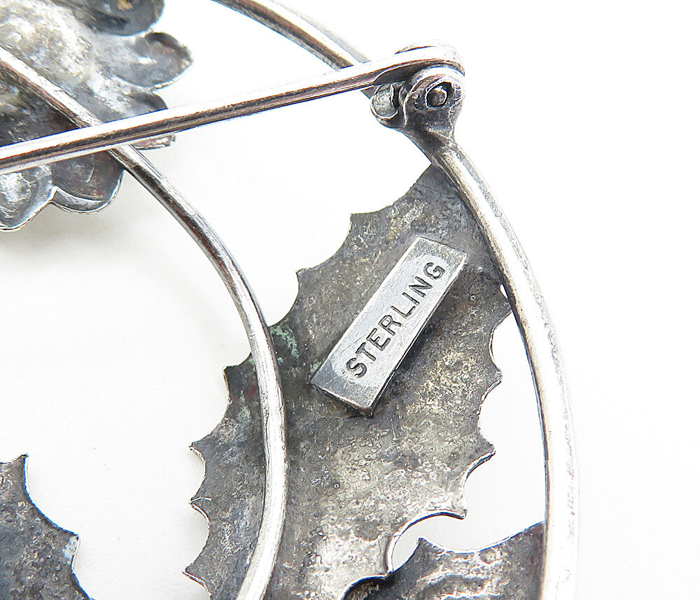 925 Sterling Silver  Vintage Shiny Oxidized Sun Flowers Brooch Pin  BP3072
