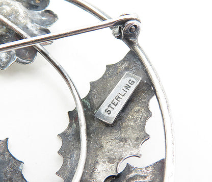 925 Sterling Silver  Vintage Shiny Oxidized Sun Flowers Brooch Pin  BP3072