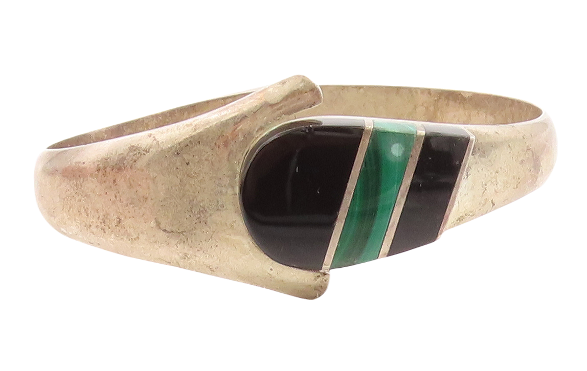 MEXICO 925 Silver  Vintage Black Onyx & Malachite Bangle Bracelet  BT1691