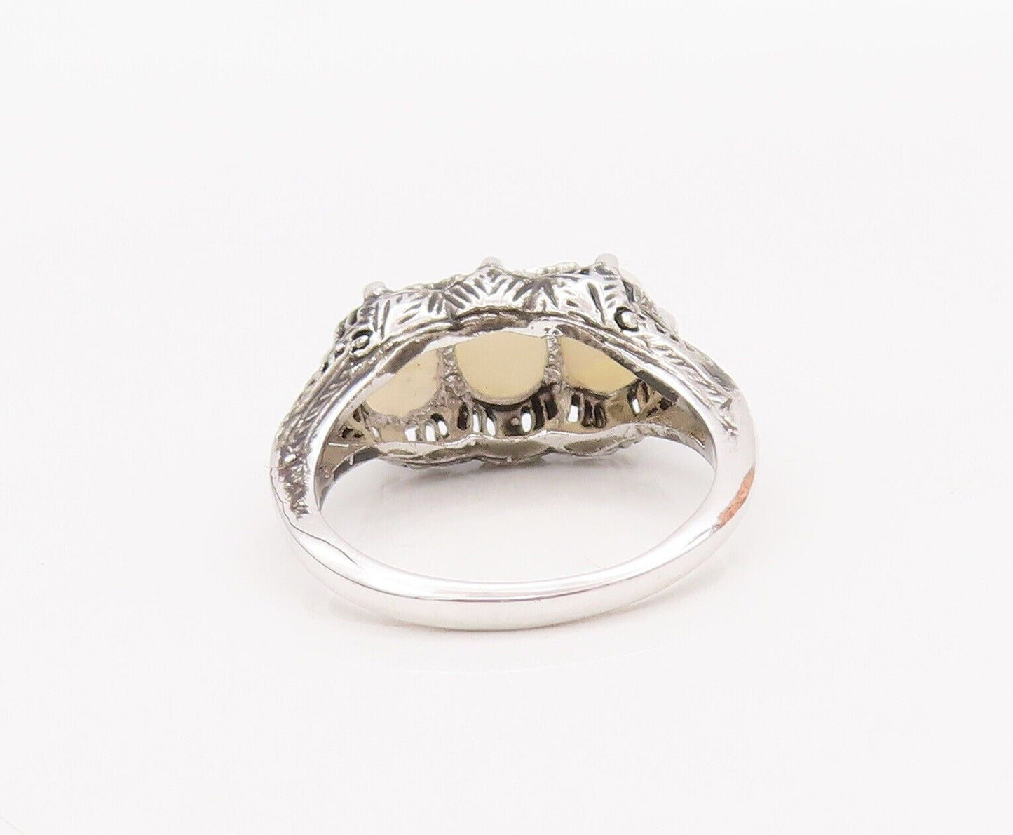 925 Sterling Silver Vintage Ring Victorian Design Carved Oval Opal  Sz 8 RG28244