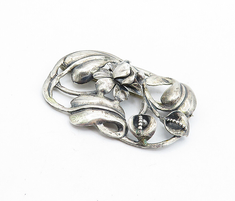 925 Sterling Silver  Vintage Antique Sculpted Flower Swirl Brooch Pin  BP1733