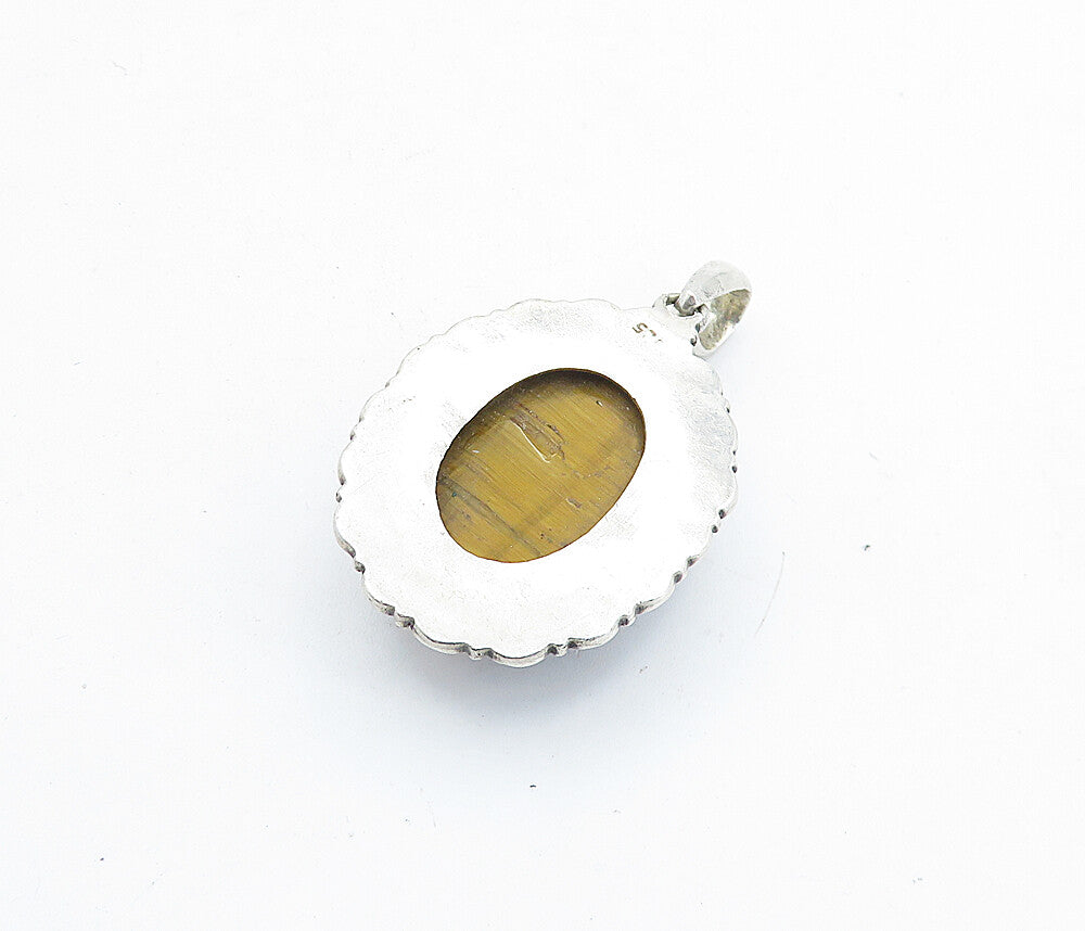 925 Sterling Silver  Vintage Cabochon Cut Tiger's Eye Wavy Pendant  PT3974