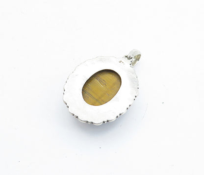 925 Sterling Silver  Vintage Cabochon Cut Tiger's Eye Wavy Pendant  PT3974