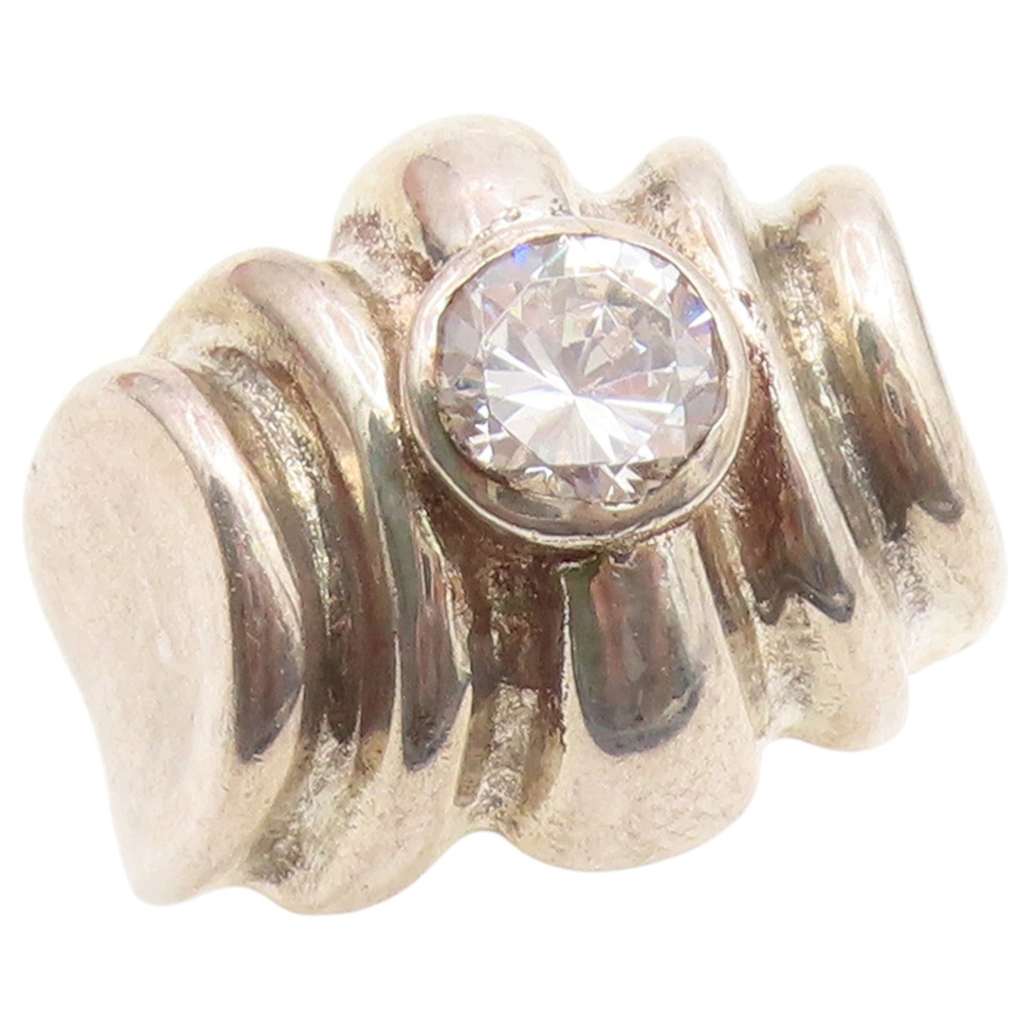 925 Sterling Silver Vintage Ring Round CZ Ribbed Statement Band  Sz 9  RG36700