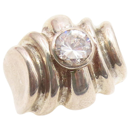 925 Sterling Silver Vintage Ring Round CZ Ribbed Statement Band  Sz 9  RG36700