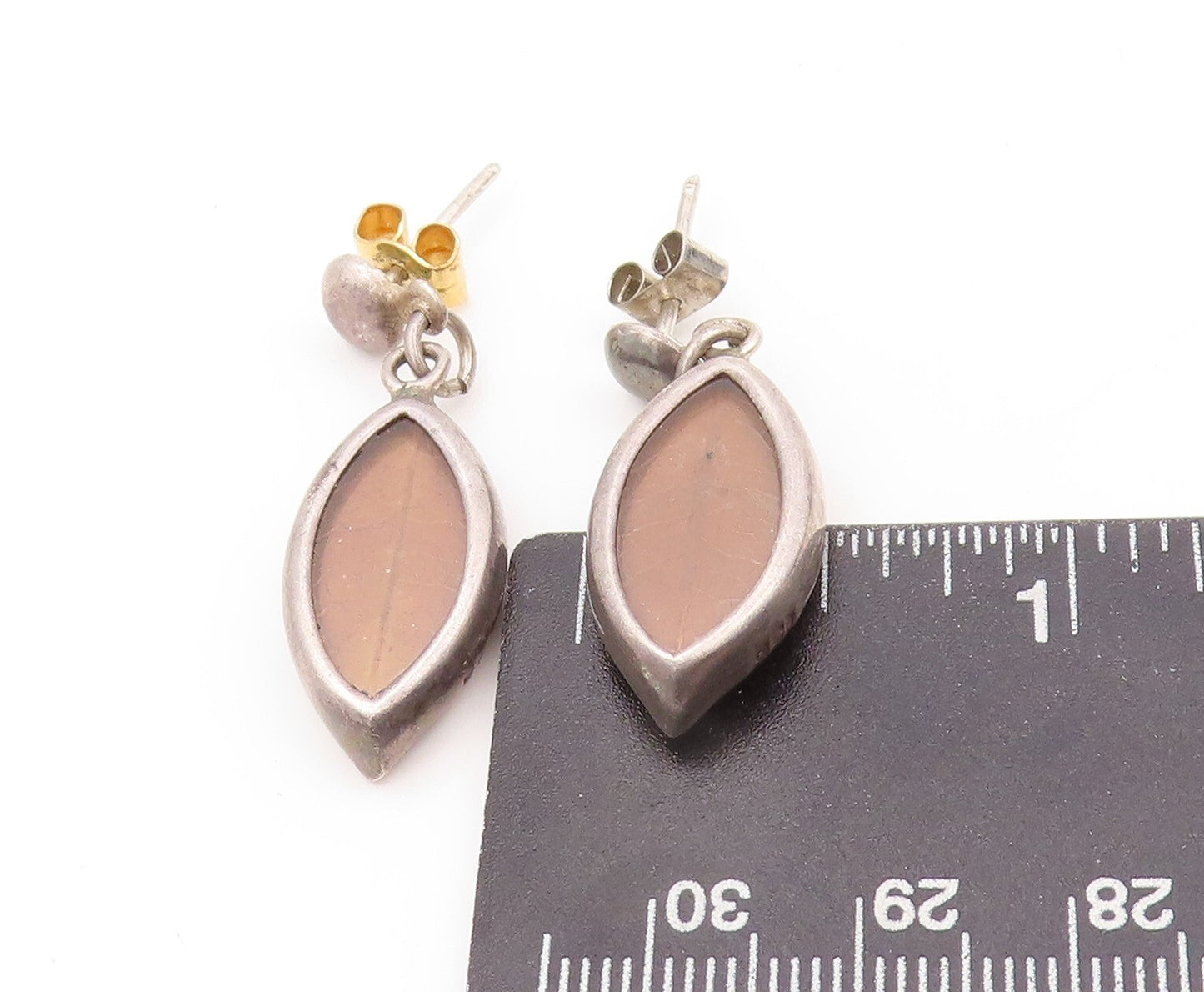 925 Sterling Silver Vintage Earrings Modernist Dangling Real Leaf Framed EG13354