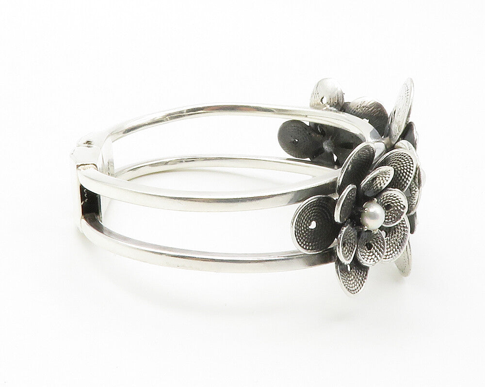 925 Sterling Silver  Vintage Petite Pearls Flower Motif Cuff Bracelet  BT5401