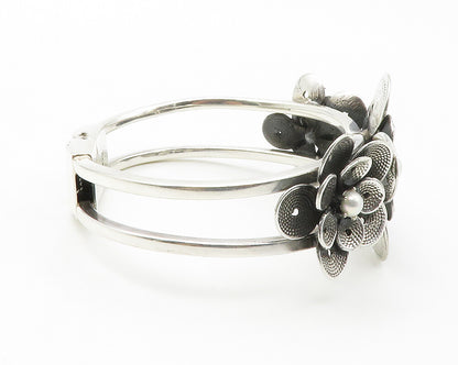 925 Sterling Silver  Vintage Petite Pearls Flower Motif Cuff Bracelet  BT5401