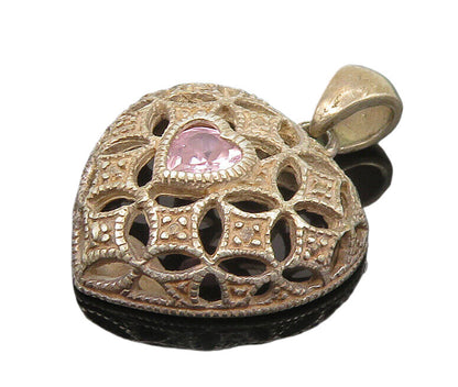 925 Sterling Silver  Vintage Pink Topaz Love Heart Dome Pendant  PT14205